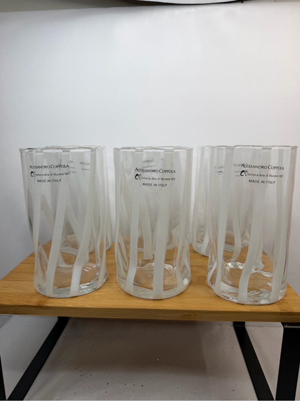 Set of 6 Murano Alessandro Coppola  White Striped 5.75” Indented Glasses -new